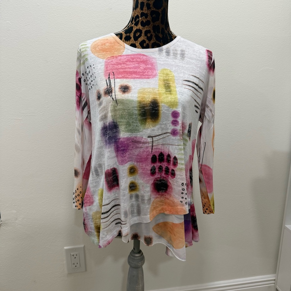 Jess & Jane Womens Verona Burnout Mesh Contrast Top Size M 3/4 Sleeve Artsy